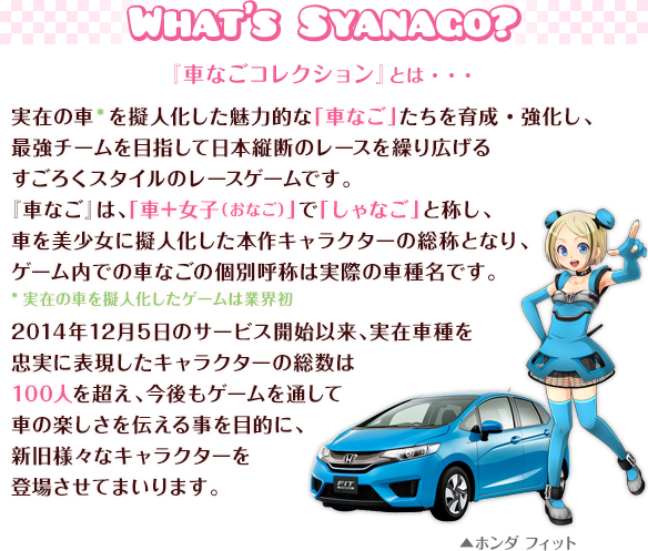 車なごコレクションとは・・・実在の車(*)を擬人化した魅力的な「車なご」たちを育成・強化し、最強チームを目指して日本縦断のレースを繰り広げるすごろくスタイルのレースゲームです。『車なご』は、「車＋女子（おなご）」で「しゃなご」と称し、車を美少女に擬人化した本作キャラクターの総称となり、ゲーム内での車なごの個別呼称は実際の車種名です。(* 実在の車を擬人化したゲームは業界初)2014年12月5日のサービス開始以来、実在車種を忠実に表現したキャラクターの総数は100人を超え、今後もゲームを通して車の楽しさを伝える事を目的に、新旧様々なキャラクターを登場させてまいります。
